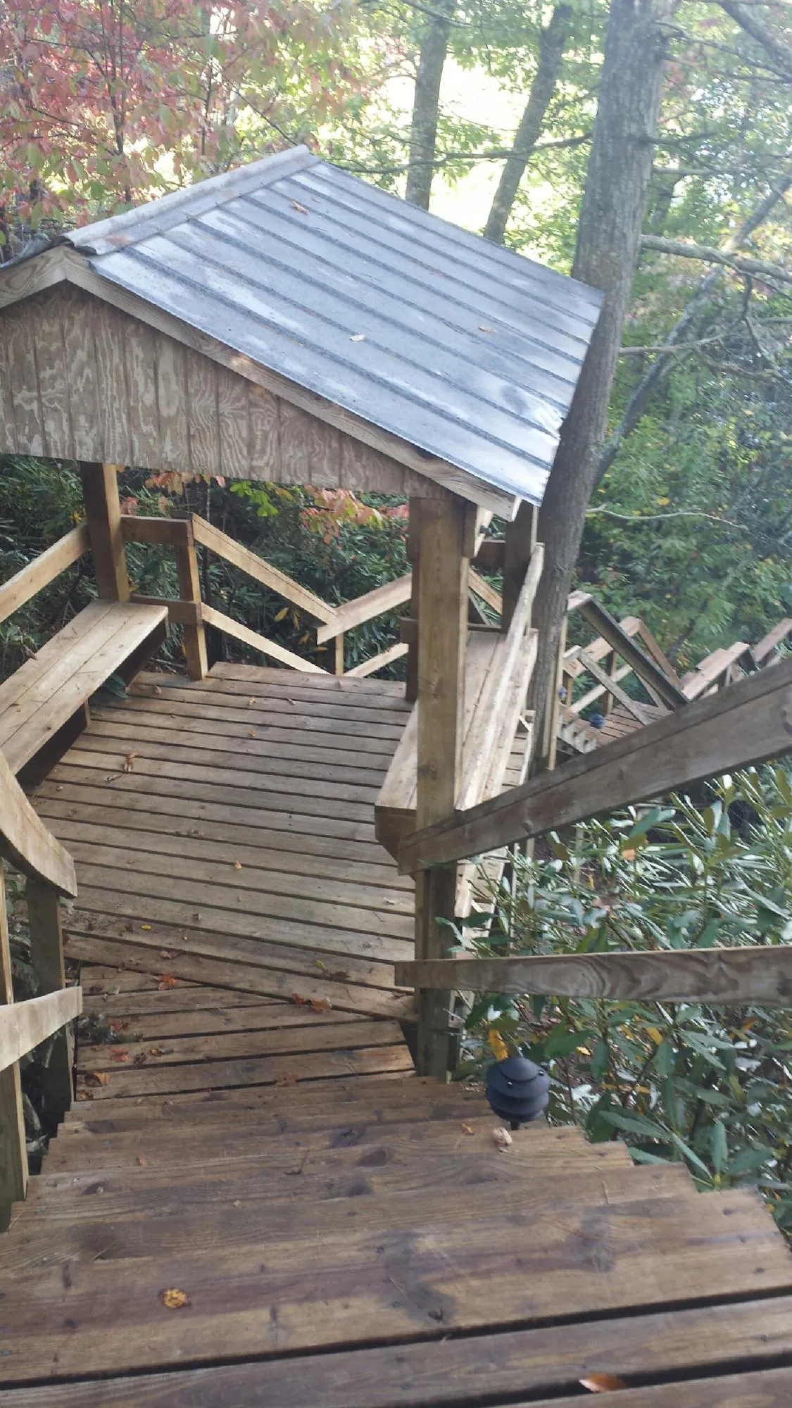 Metal roofed shelter over wooden steps on a wooded walkway — Skylight Repair & Installation work by our crew in Sonora